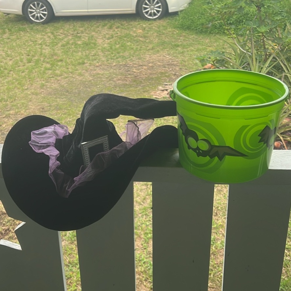 Black Witch Hat with Purple Trim and Green Halloween Bucket